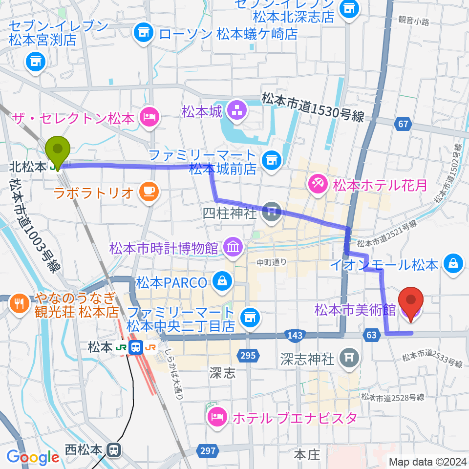 北松本駅から松本市美術館へのルートマップ地図