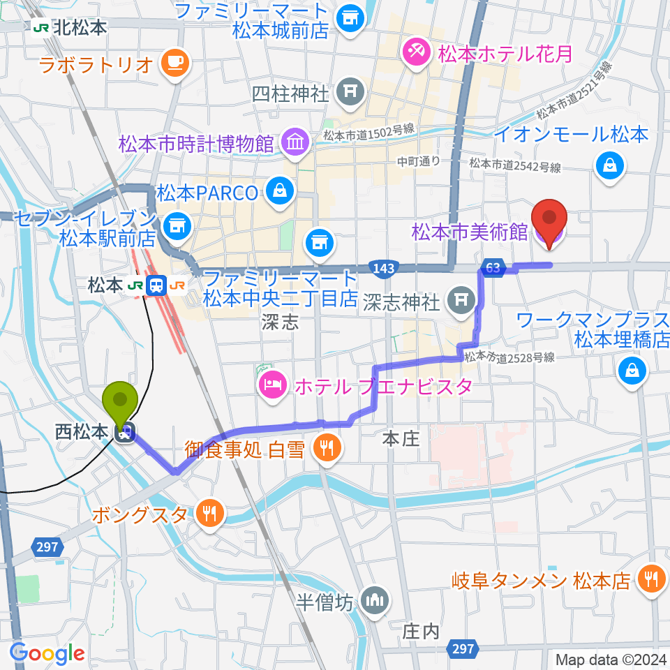 西松本駅から松本市美術館へのルートマップ地図