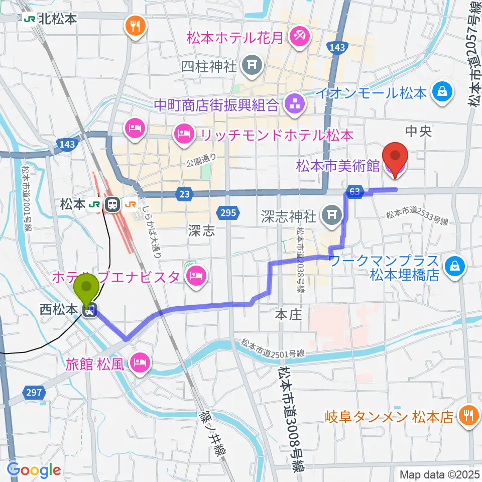 西松本駅から松本市美術館へのルートマップ地図