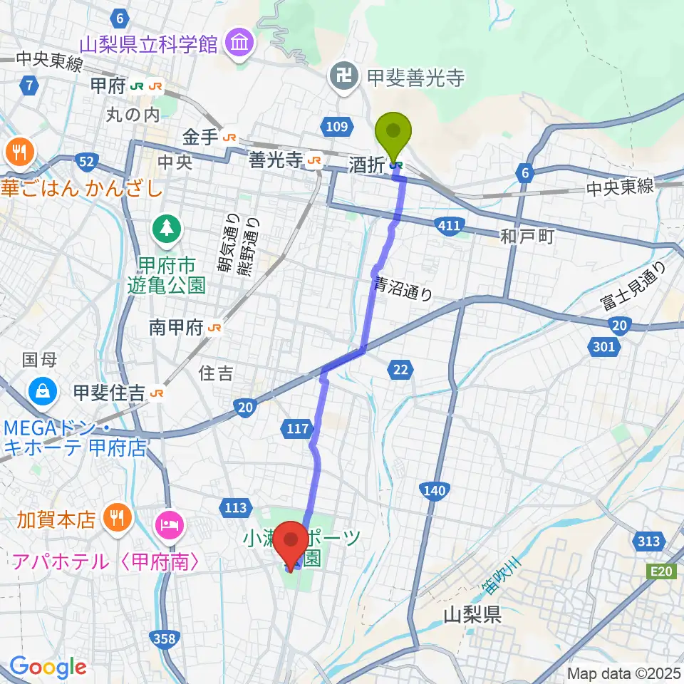酒折駅から小瀬スポーツ公園武道館へのルートマップ地図
