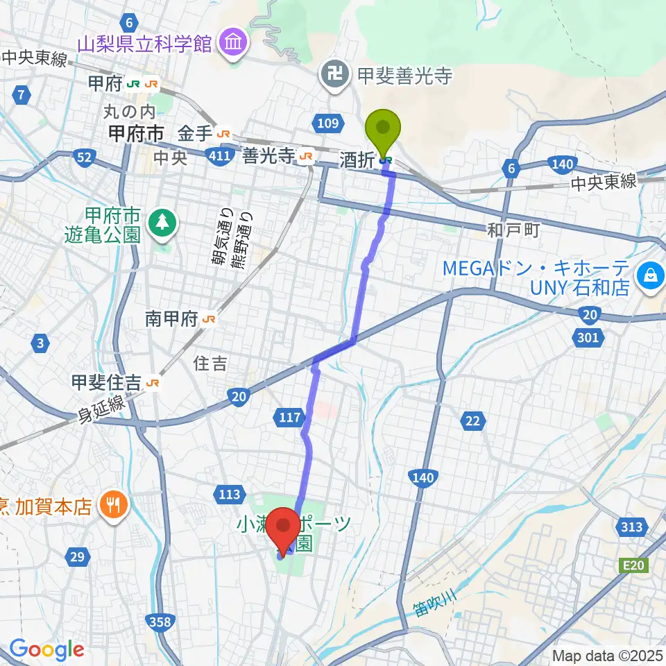 酒折駅から小瀬スポーツ公園武道館へのルートマップ地図