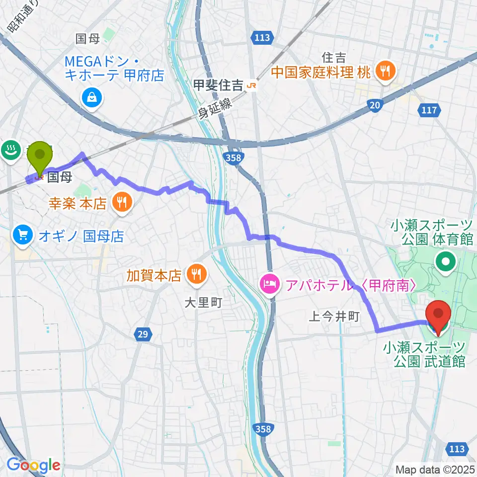 国母駅から小瀬スポーツ公園武道館へのルートマップ地図