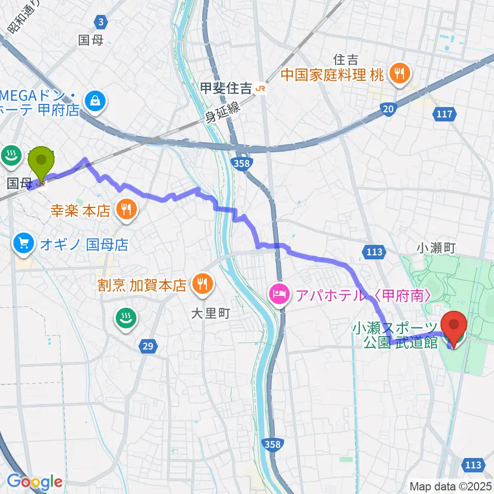 国母駅から小瀬スポーツ公園武道館へのルートマップ地図