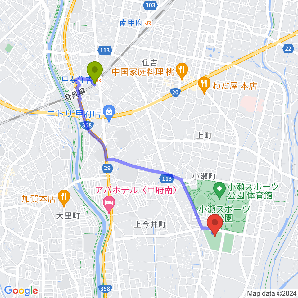 小瀬スポーツ公園武道館の最寄駅甲斐住吉駅からの徒歩ルート（約40分）地図