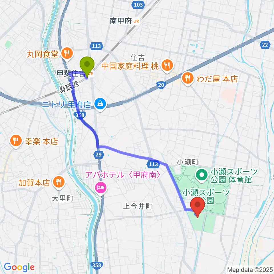 小瀬スポーツ公園武道館の最寄駅甲斐住吉駅からの徒歩ルート（約40分）地図