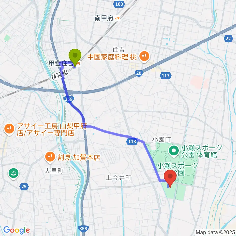 小瀬スポーツ公園武道館の最寄駅甲斐住吉駅からの徒歩ルート（約40分）地図
