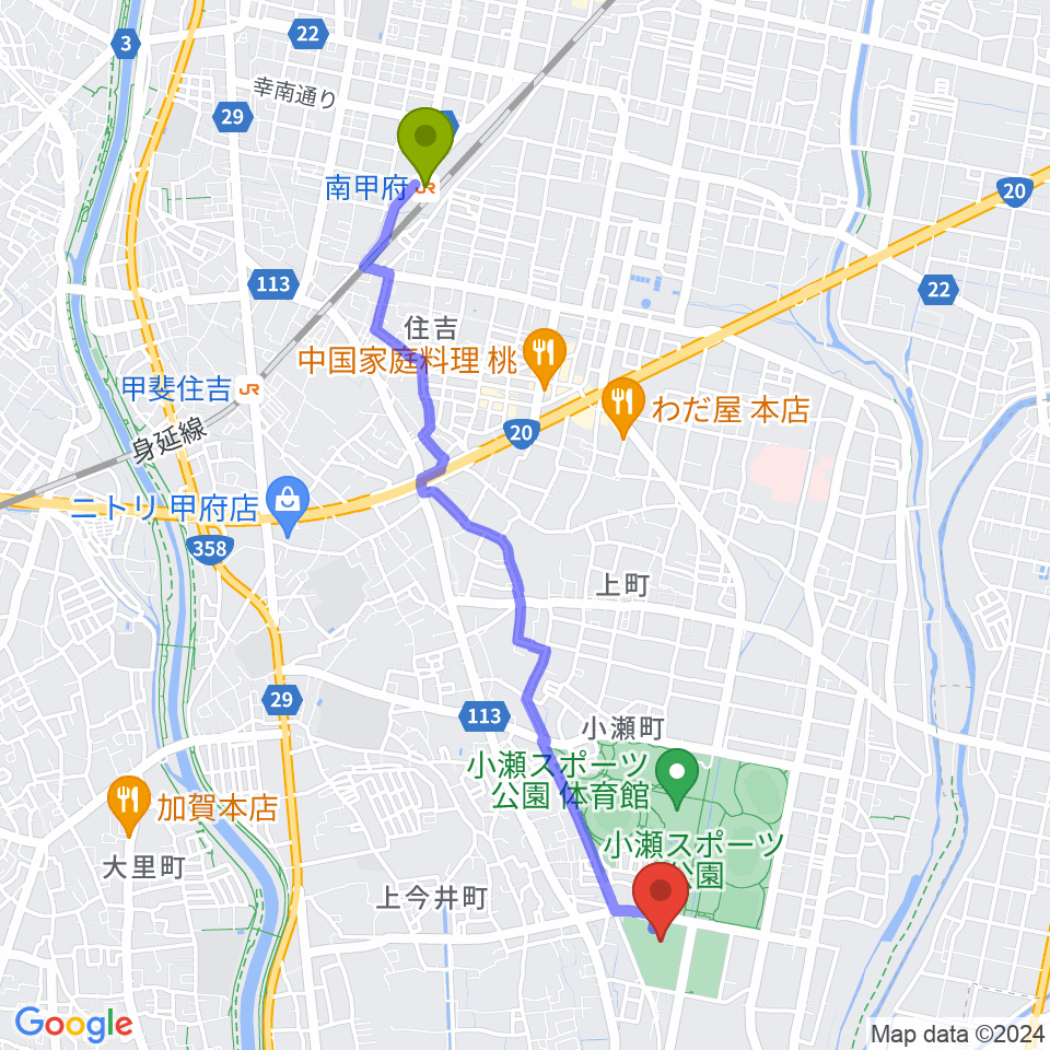 南甲府駅から小瀬スポーツ公園武道館へのルートマップ地図