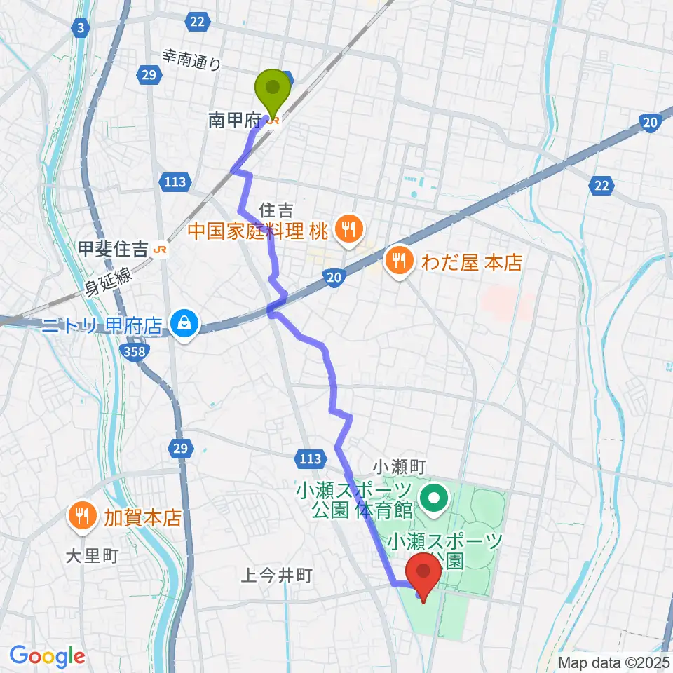 南甲府駅から小瀬スポーツ公園武道館へのルートマップ地図