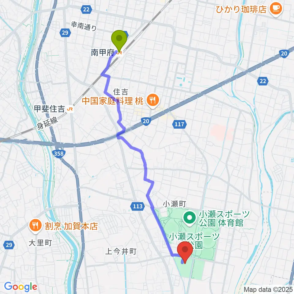 南甲府駅から小瀬スポーツ公園武道館へのルートマップ地図