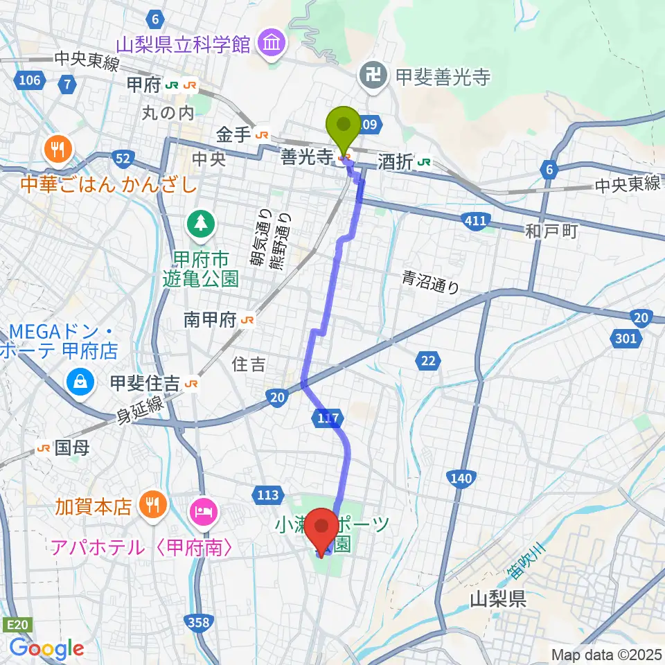 善光寺駅から小瀬スポーツ公園武道館へのルートマップ地図