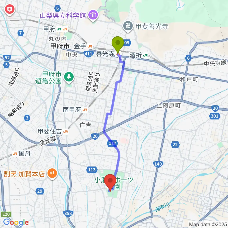 善光寺駅から小瀬スポーツ公園武道館へのルートマップ地図