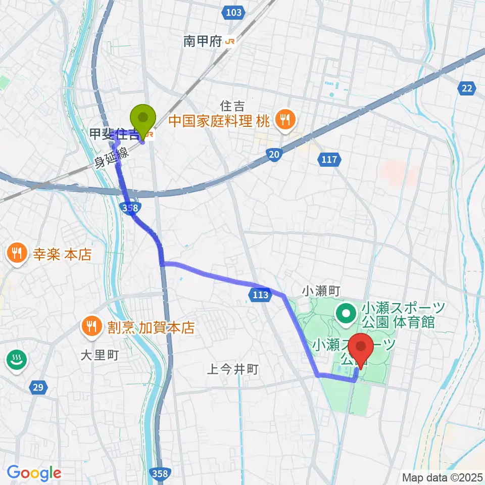 小瀬スポーツ公園アイスアリーナの最寄駅甲斐住吉駅からの徒歩ルート（約40分）地図