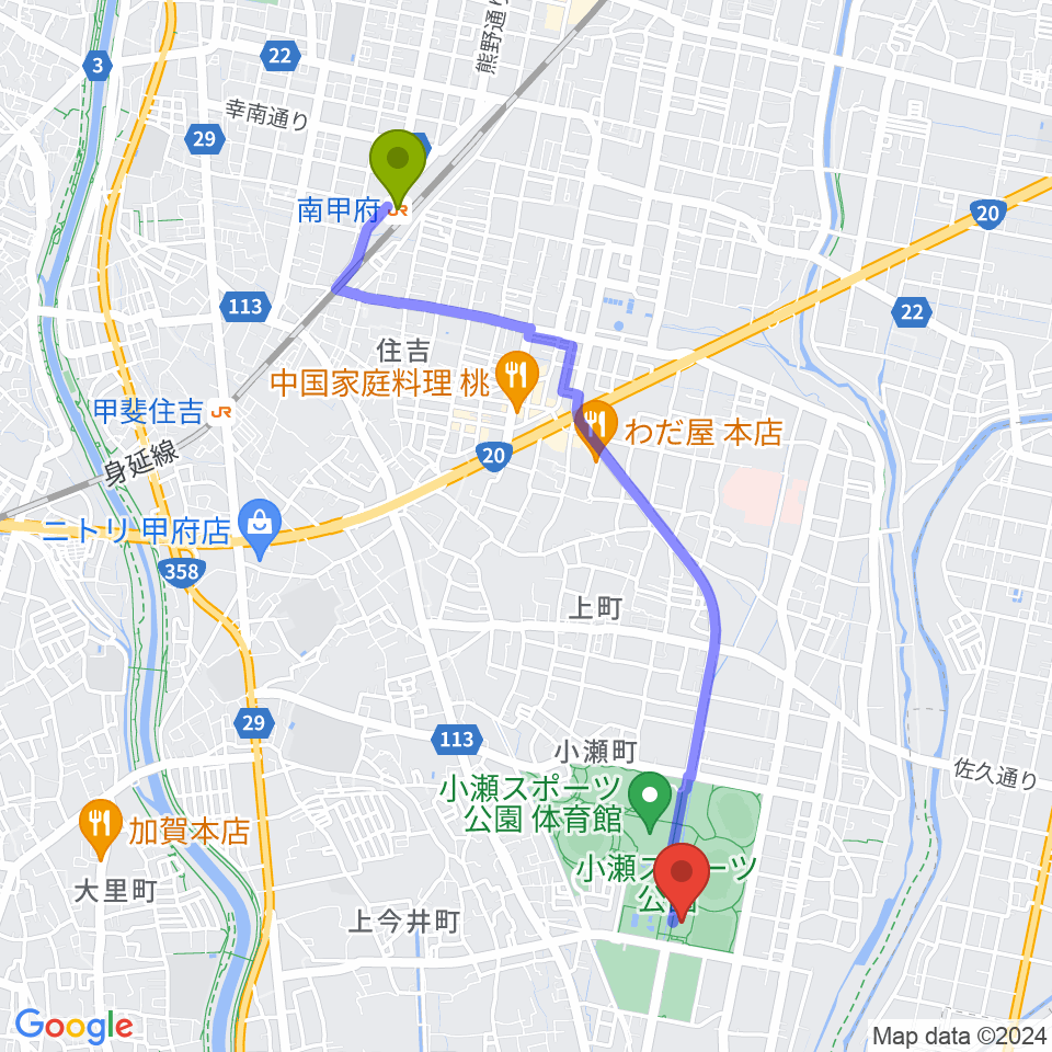 南甲府駅から小瀬スポーツ公園アイスアリーナへのルートマップ地図