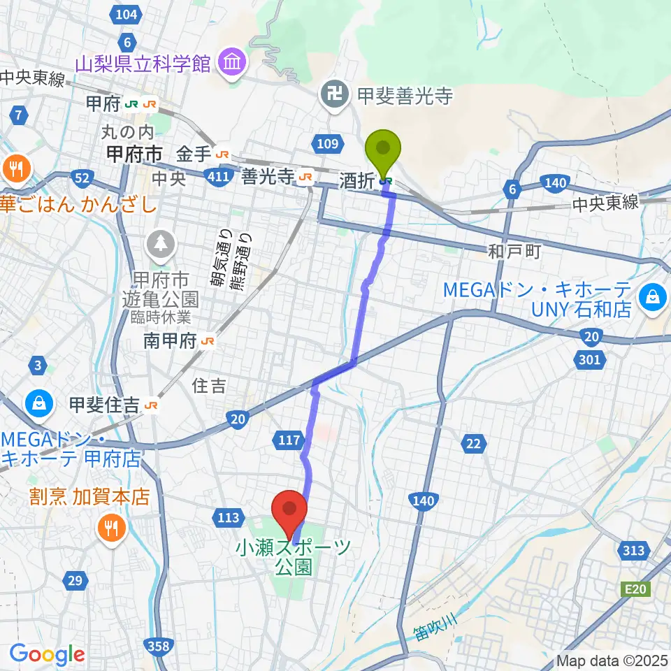 酒折駅から小瀬スポーツ公園体育館へのルートマップ地図