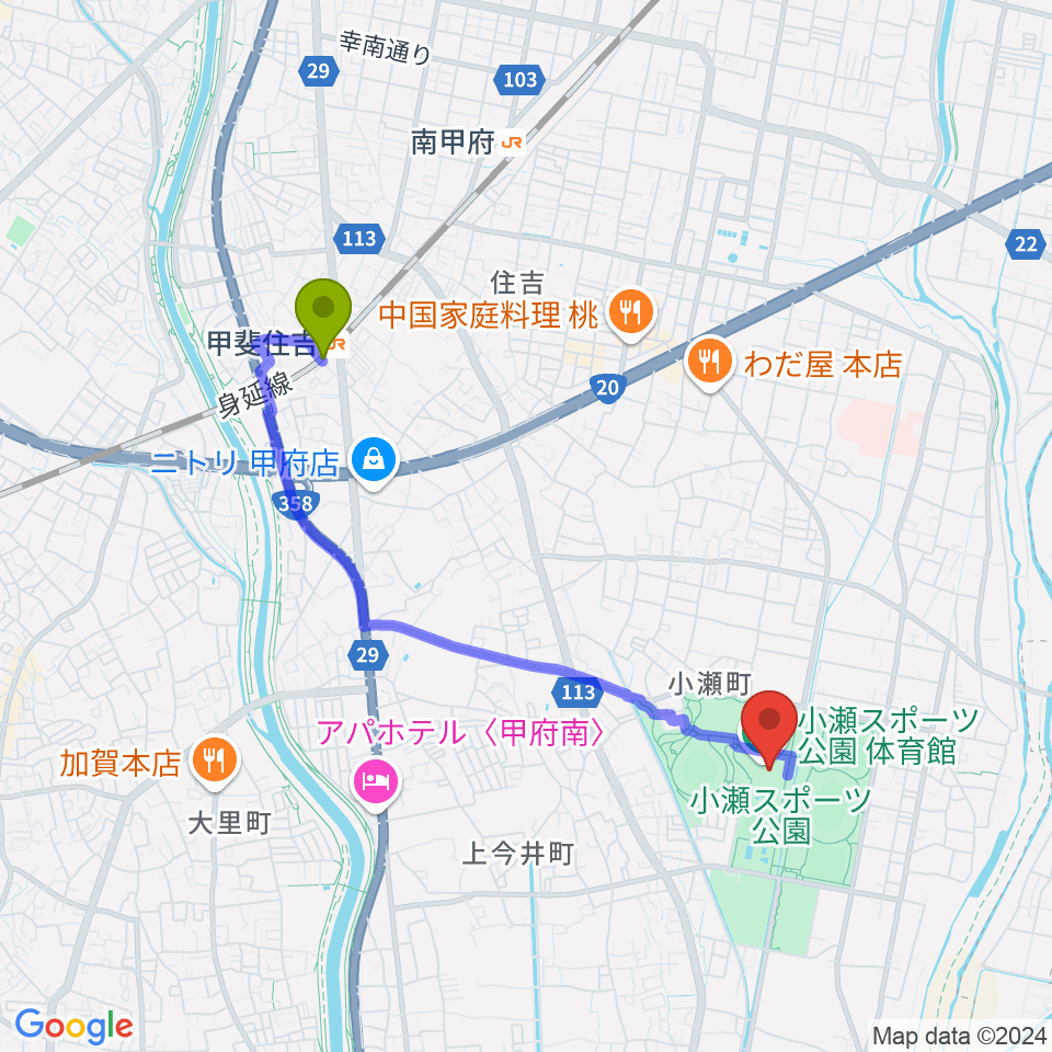 小瀬スポーツ公園体育館の最寄駅甲斐住吉駅からの徒歩ルート（約36分）地図