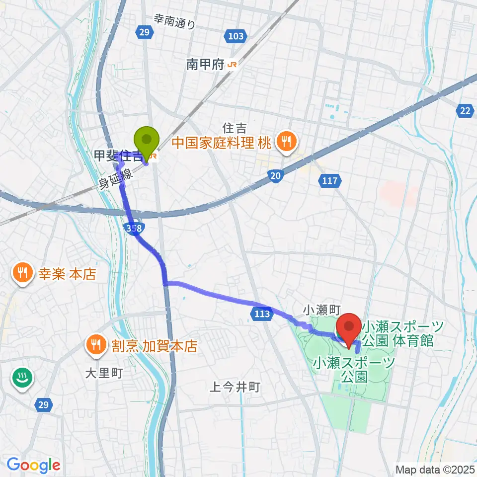 小瀬スポーツ公園体育館の最寄駅甲斐住吉駅からの徒歩ルート（約36分）地図