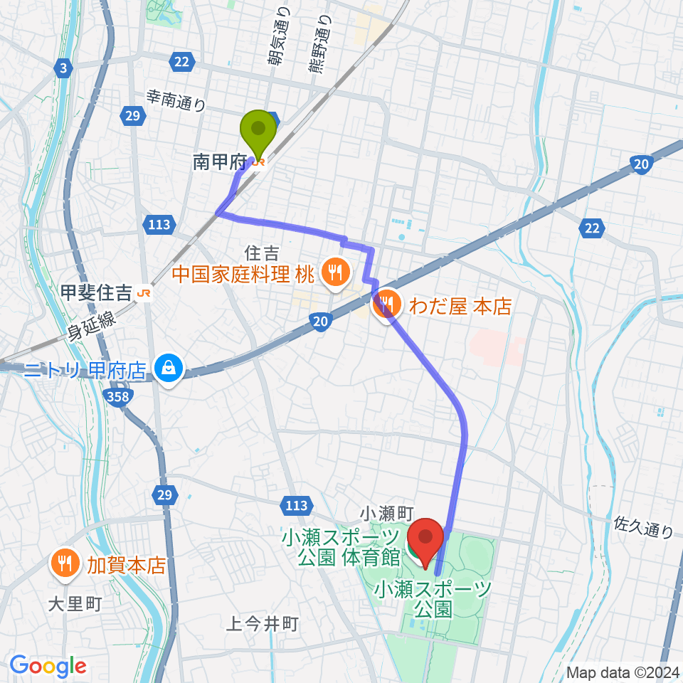 南甲府駅から小瀬スポーツ公園体育館へのルートマップ地図