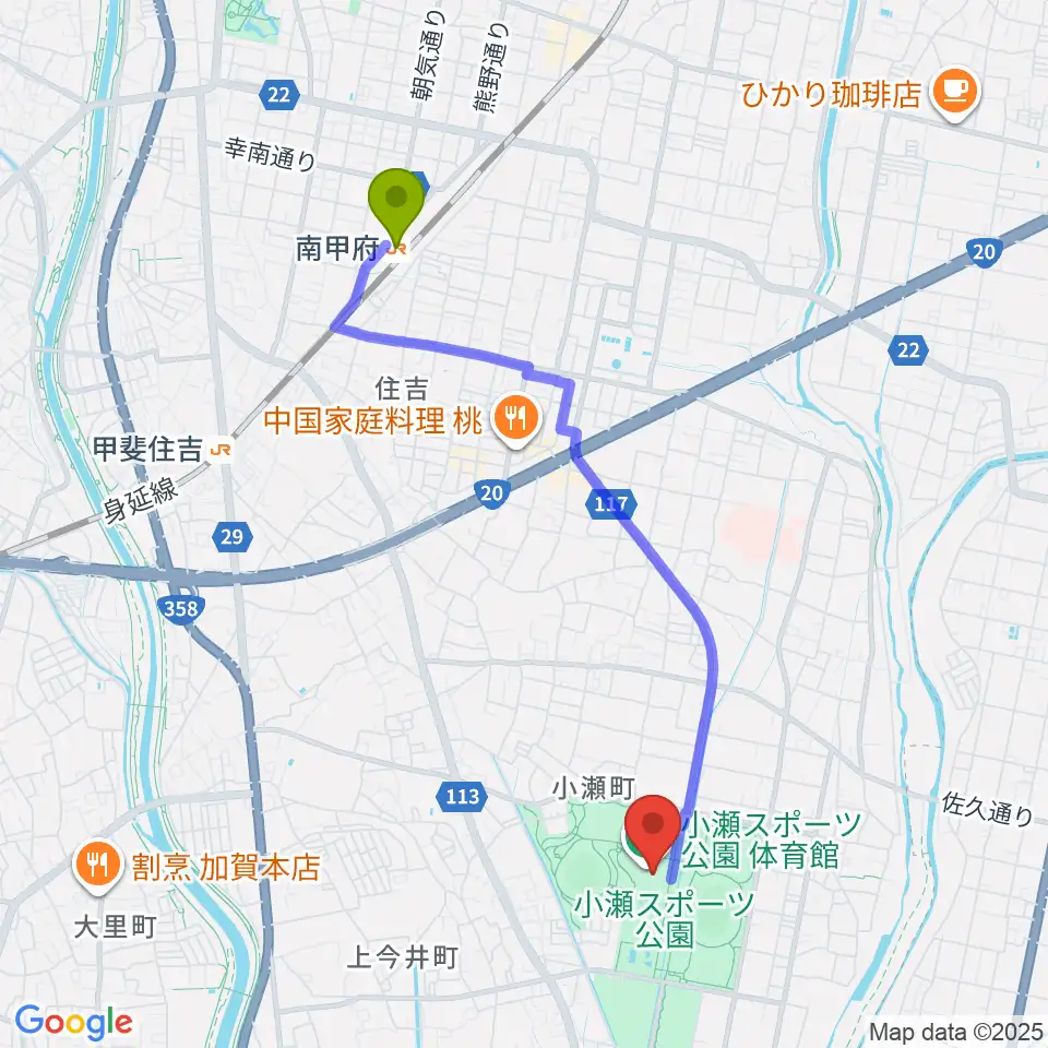 南甲府駅から小瀬スポーツ公園体育館へのルートマップ地図