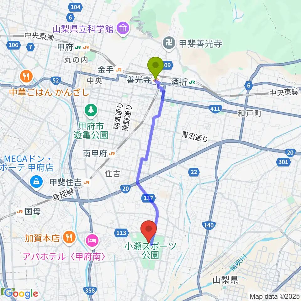 善光寺駅から小瀬スポーツ公園体育館へのルートマップ地図