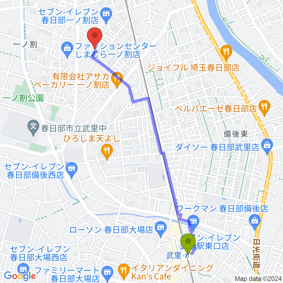 武里駅からヴァイオリン工房 IL VIOLINOへのルートマップ地図