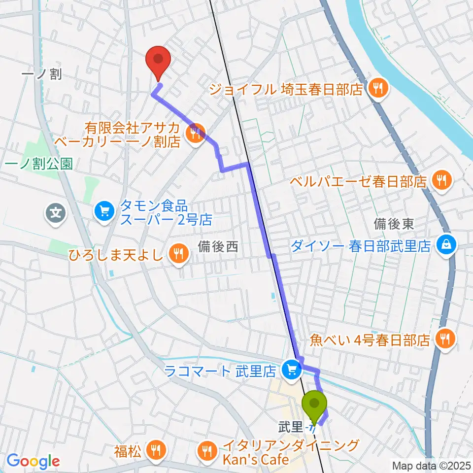 武里駅からヴァイオリン工房 IL VIOLINOへのルートマップ地図