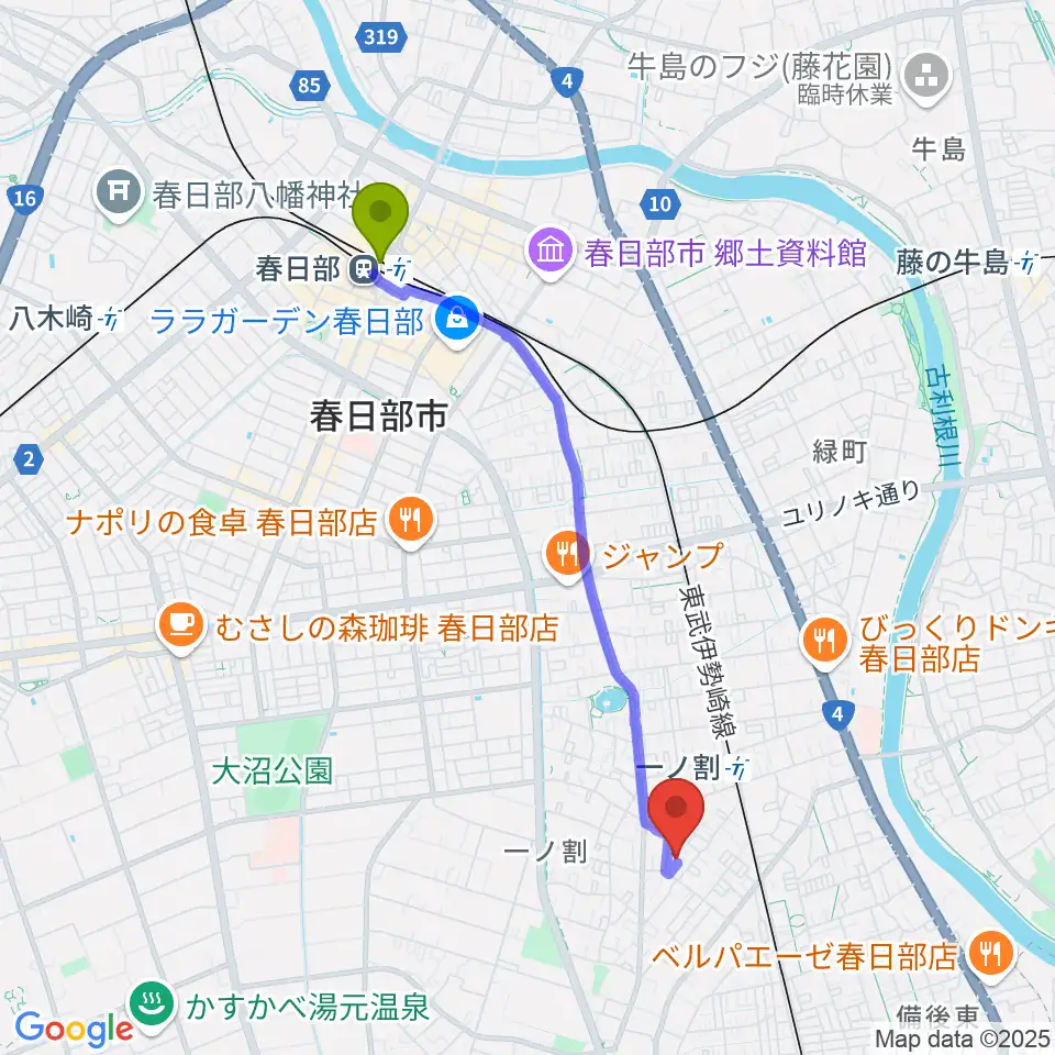 春日部駅からヴァイオリン工房 IL VIOLINOへのルートマップ地図