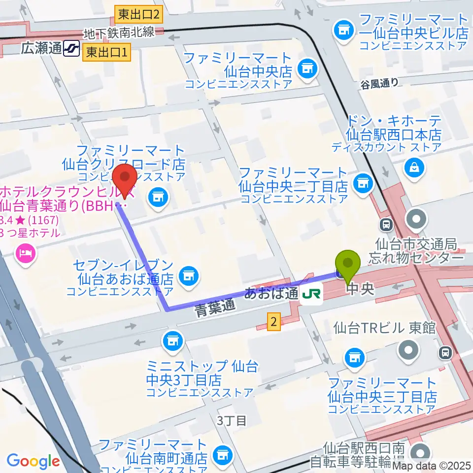 あおば通駅から誰も知らない劇場へのルートマップ地図