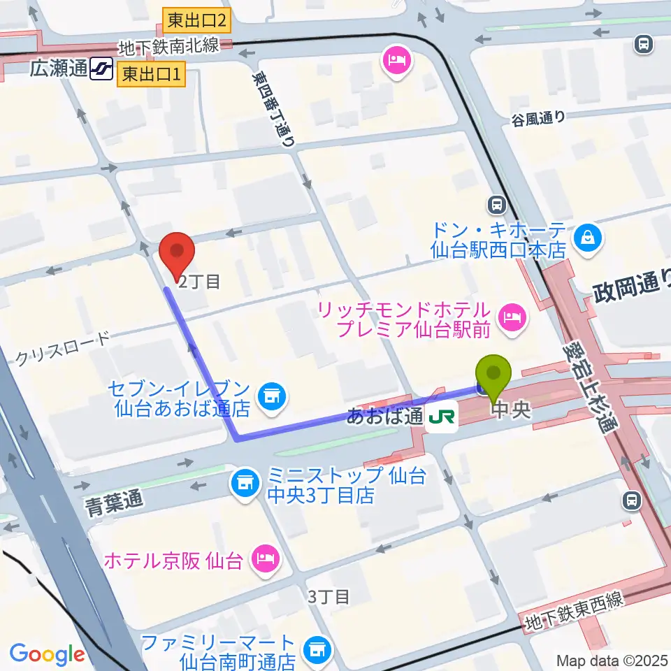 あおば通駅から誰も知らない劇場へのルートマップ地図