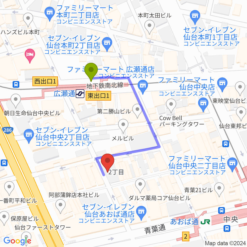 誰も知らない劇場の最寄駅広瀬通駅からの徒歩ルート（約3分）地図