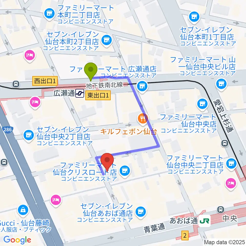 誰も知らない劇場の最寄駅広瀬通駅からの徒歩ルート（約3分）地図