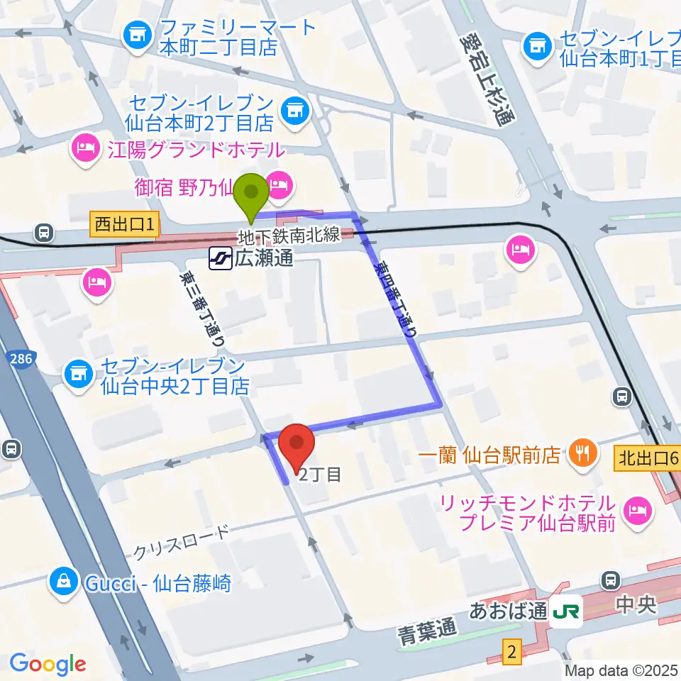 誰も知らない劇場の最寄駅広瀬通駅からの徒歩ルート（約3分）地図