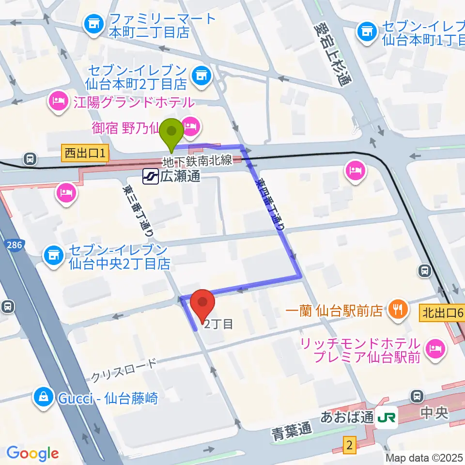誰も知らない劇場の最寄駅広瀬通駅からの徒歩ルート（約3分）地図