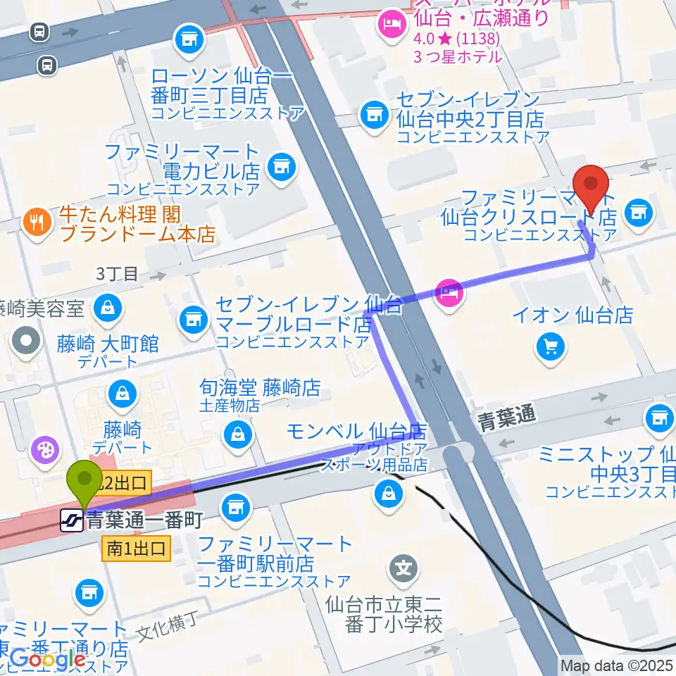 青葉通一番町駅から誰も知らない劇場へのルートマップ地図