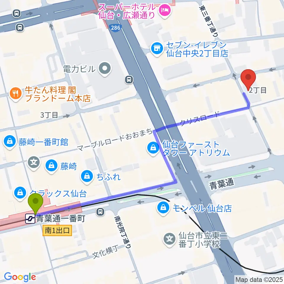 青葉通一番町駅から誰も知らない劇場へのルートマップ地図