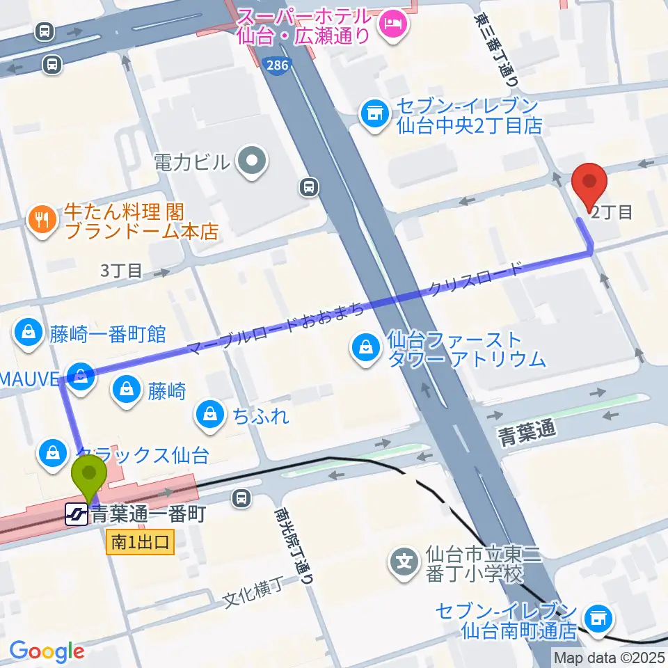 青葉通一番町駅から誰も知らない劇場へのルートマップ地図