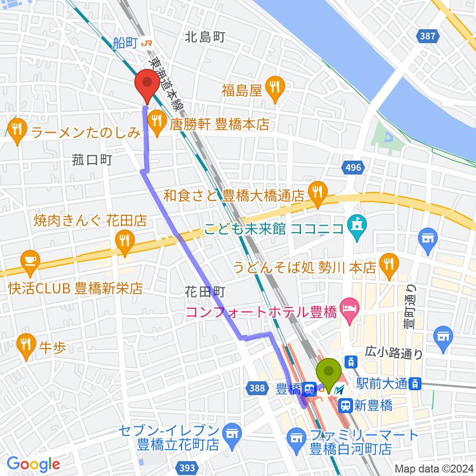 豊橋駅からファーストミュージックへのルートマップ地図