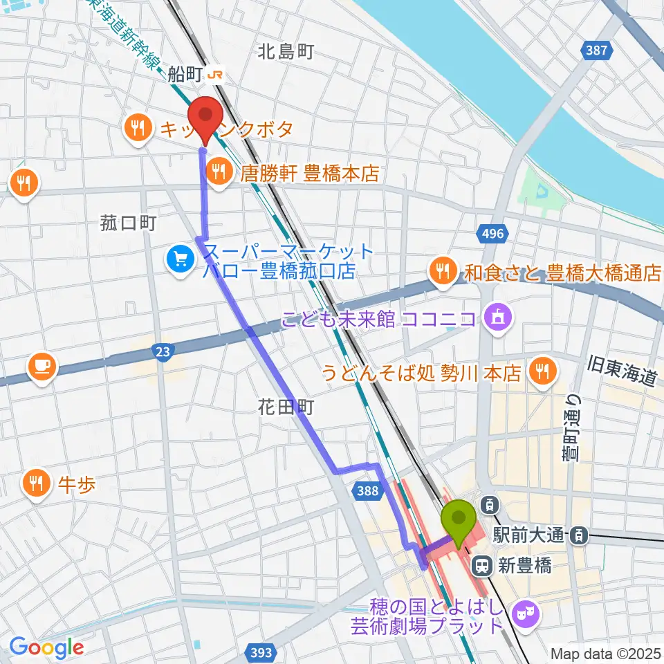 豊橋駅からファーストミュージックへのルートマップ地図