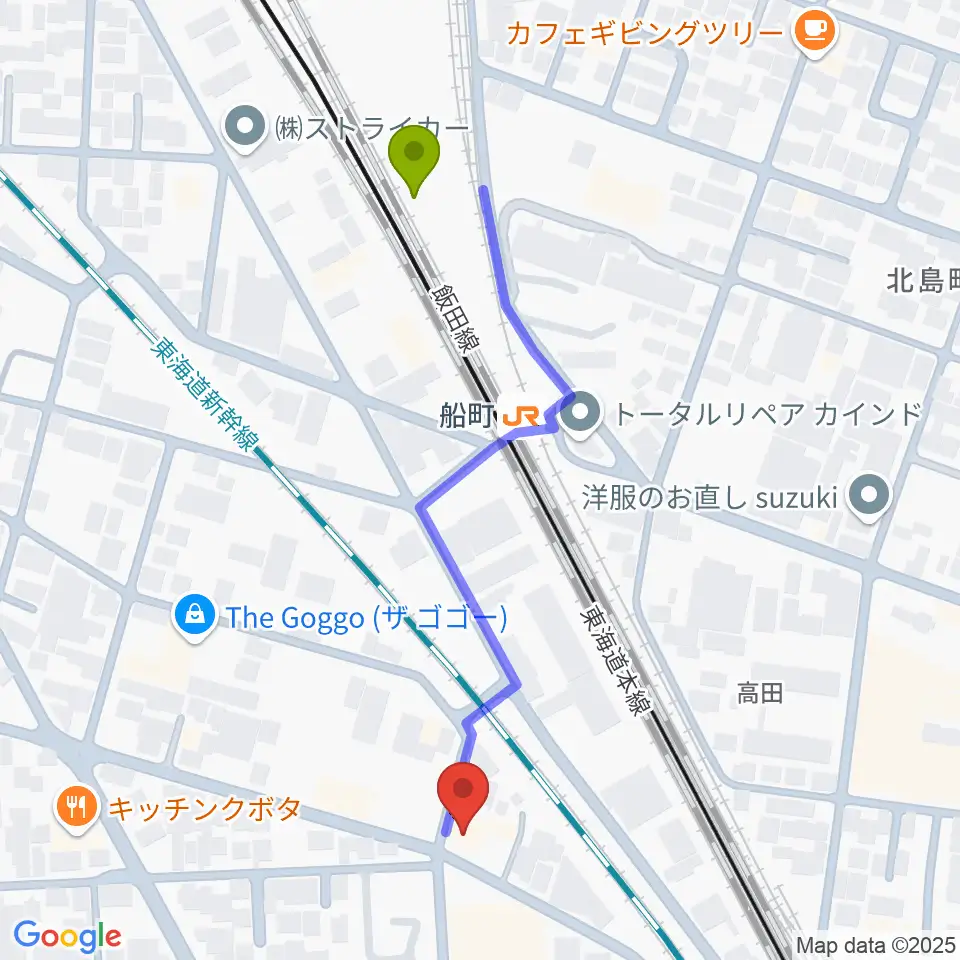 ファーストミュージックの最寄駅船町駅からの徒歩ルート（約5分）地図