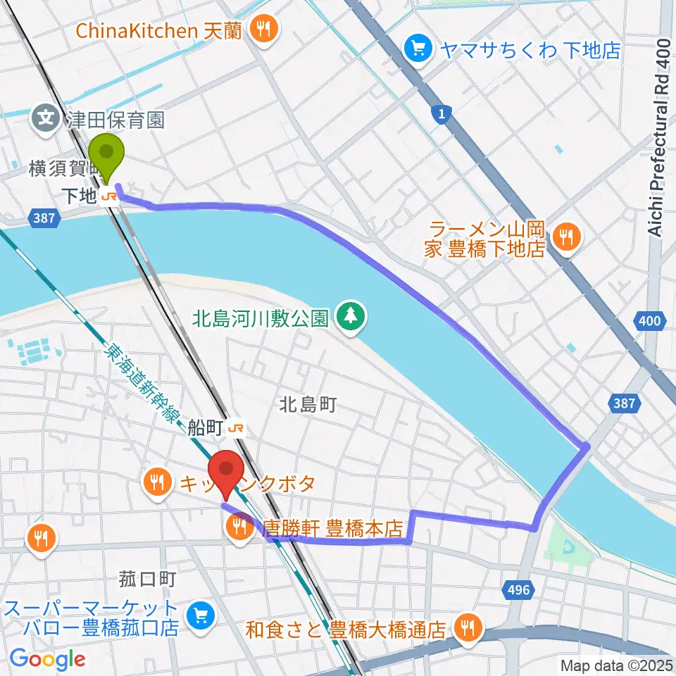 下地駅からファーストミュージックへのルートマップ地図
