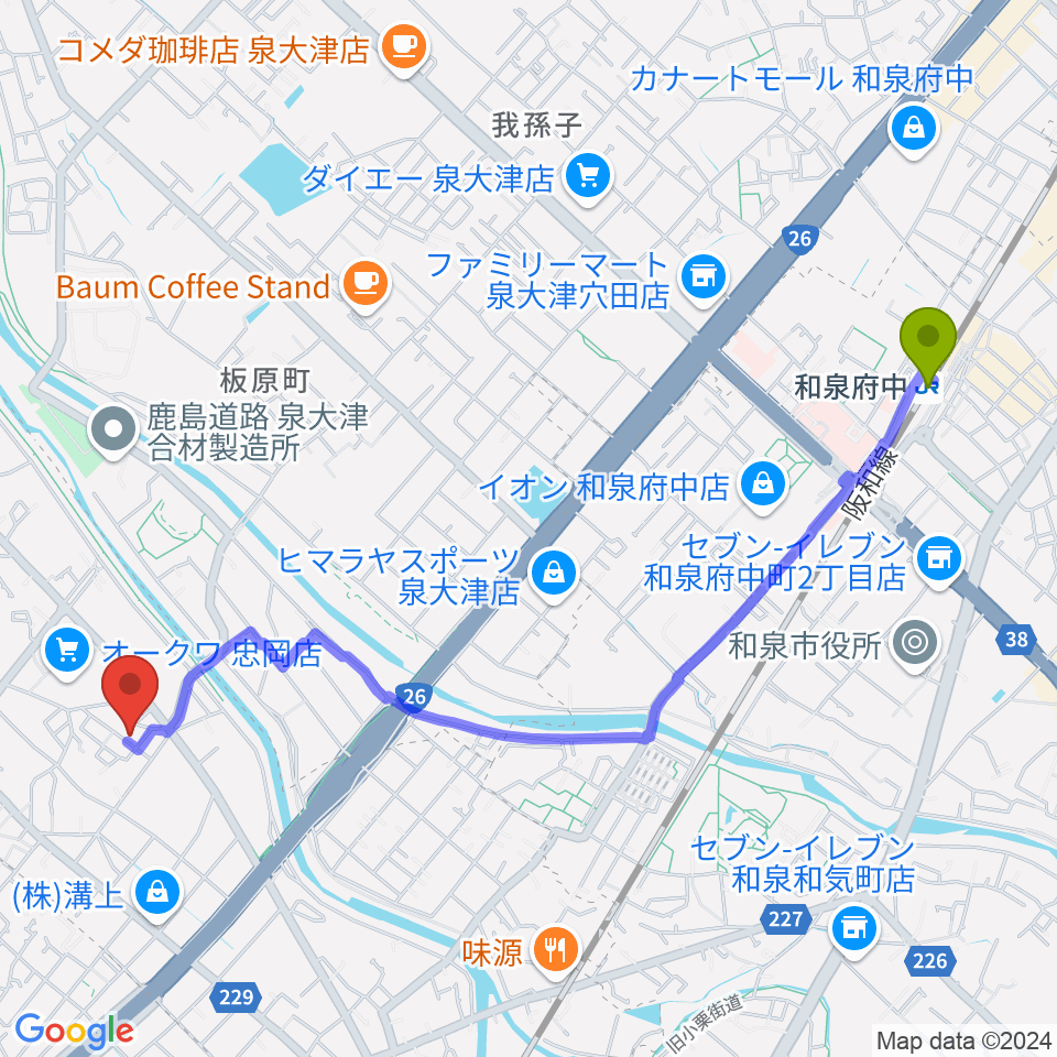 和泉府中駅からアーリーバードギタースクールへのルートマップ地図