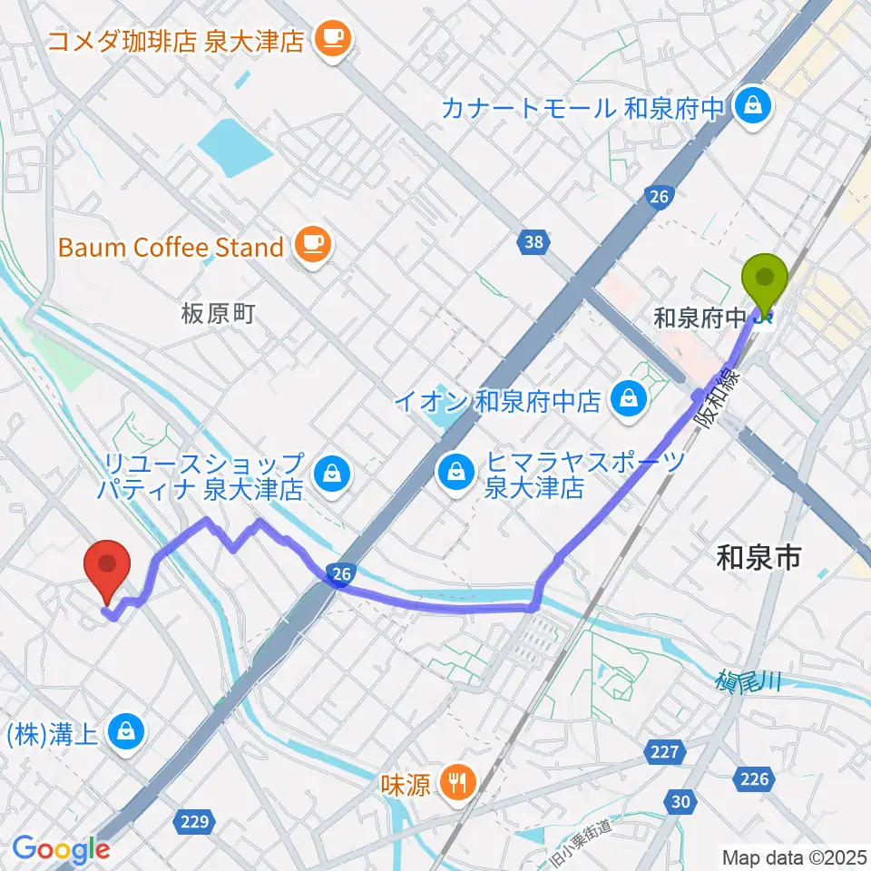 和泉府中駅からアーリーバードギタースクールへのルートマップ地図