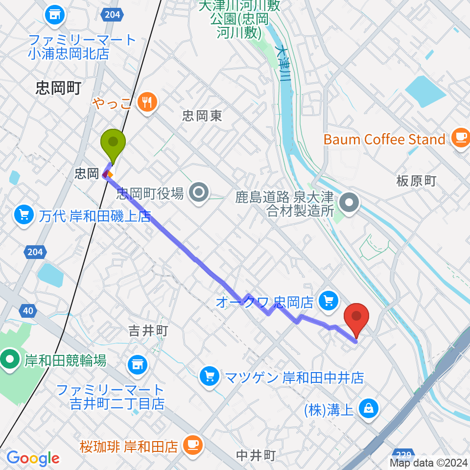 アーリーバードギタースクールの最寄駅忠岡駅からの徒歩ルート（約20分）地図