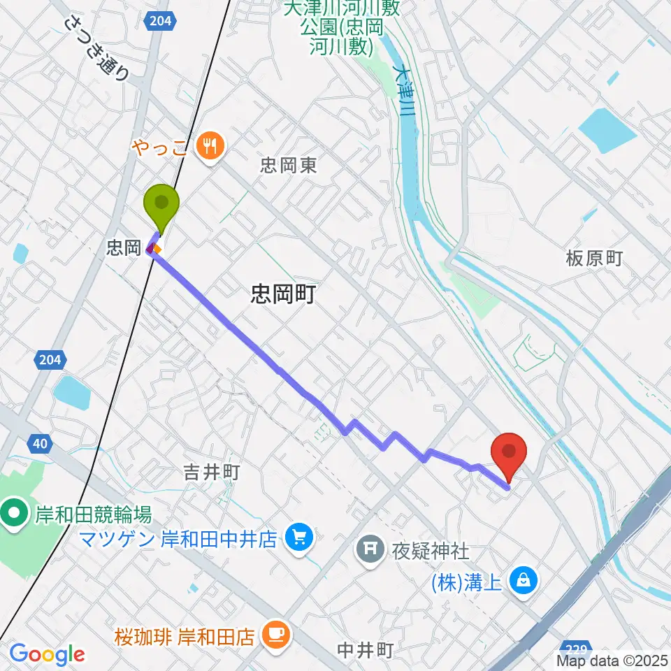 アーリーバードギタースクールの最寄駅忠岡駅からの徒歩ルート（約20分）地図