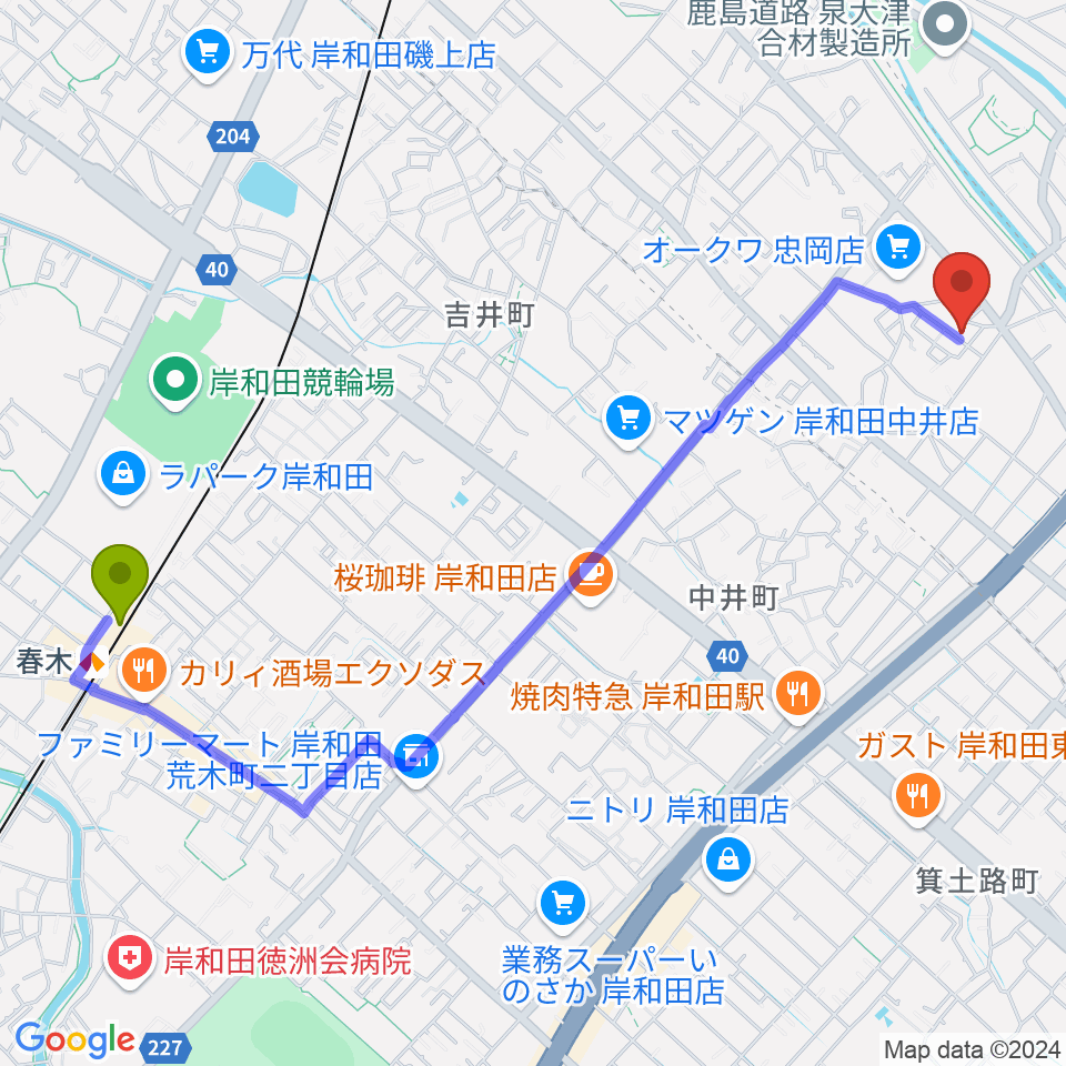 春木駅からアーリーバードギタースクールへのルートマップ地図