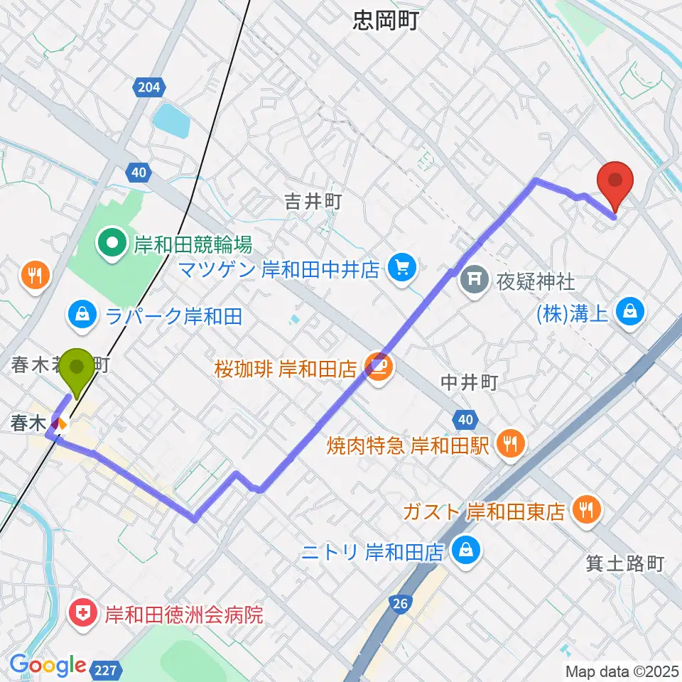 春木駅からアーリーバードギタースクールへのルートマップ地図