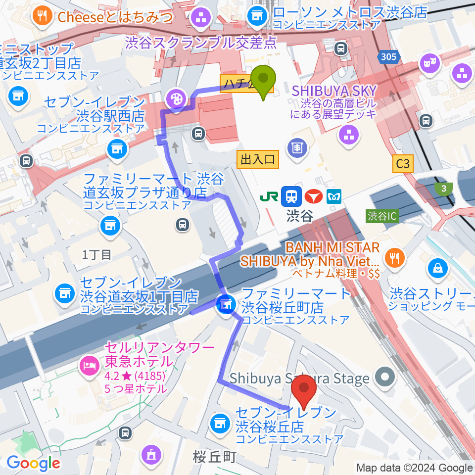 渋谷ホール＆スタジオの最寄駅渋谷駅からの徒歩ルート（約5分）地図