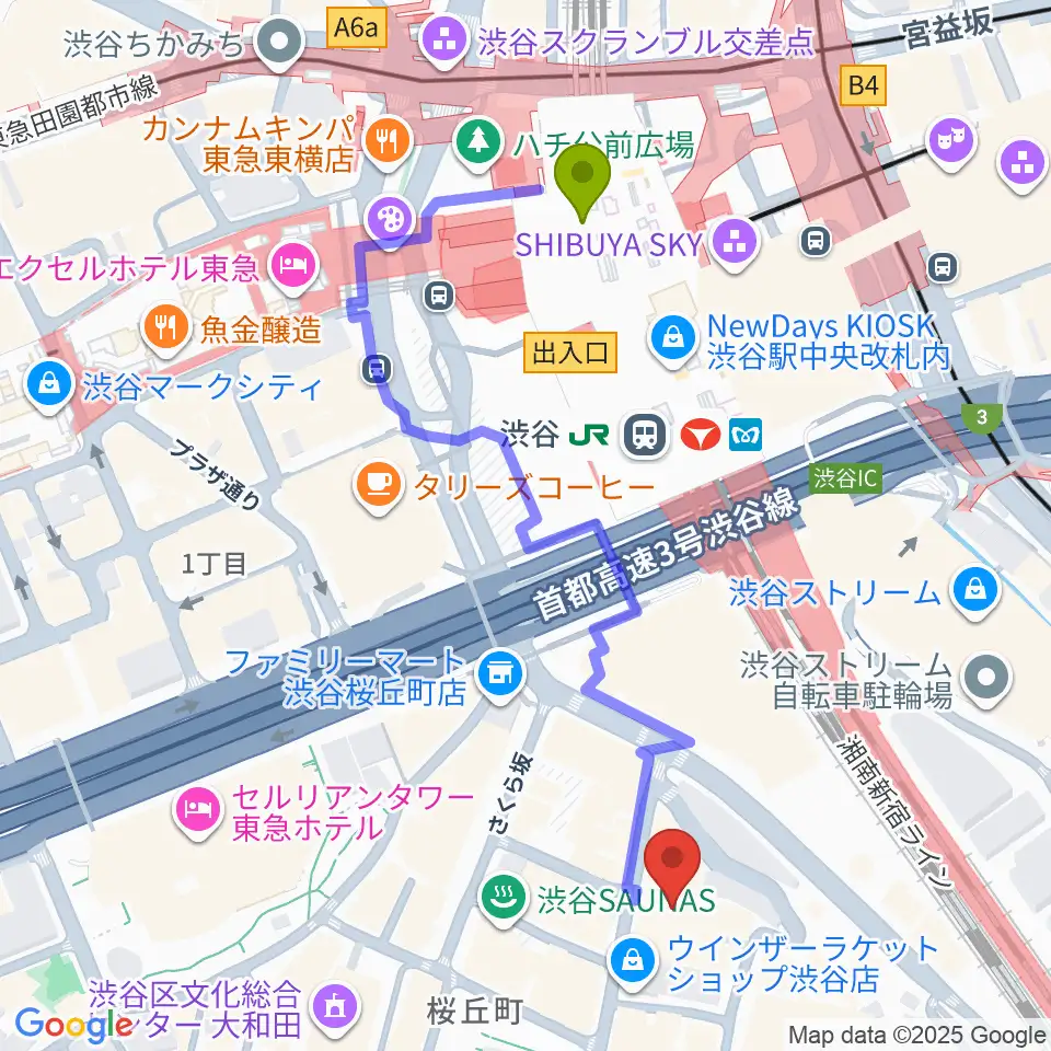 渋谷ホール＆スタジオの最寄駅渋谷駅からの徒歩ルート（約5分）地図
