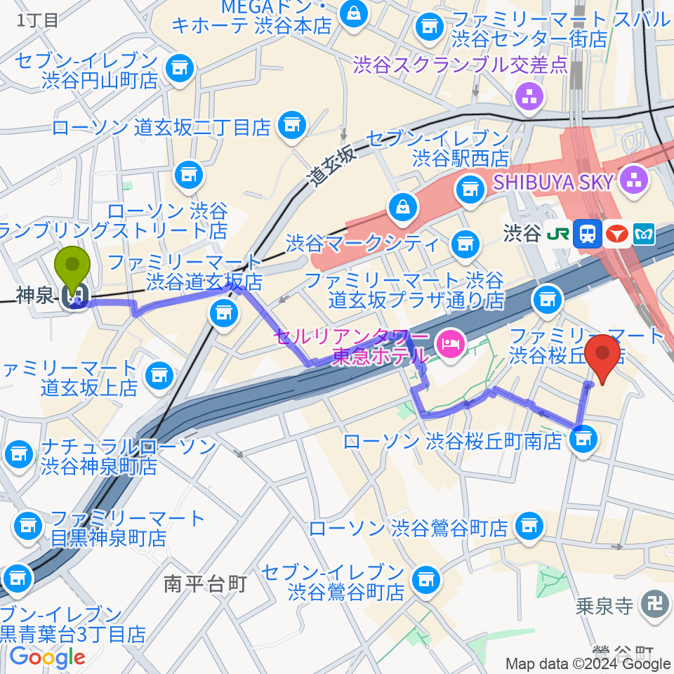 神泉駅から渋谷ホール＆スタジオへのルートマップ地図