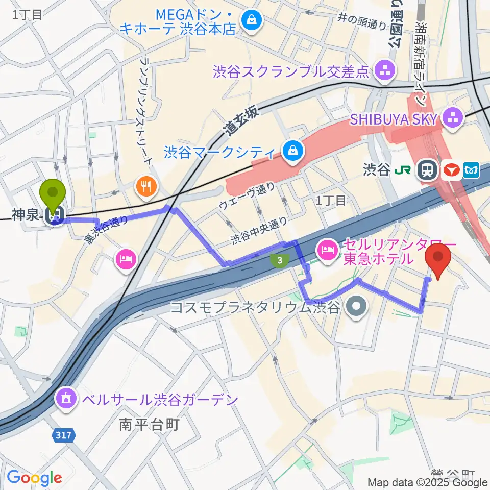 神泉駅から渋谷ホール＆スタジオへのルートマップ地図