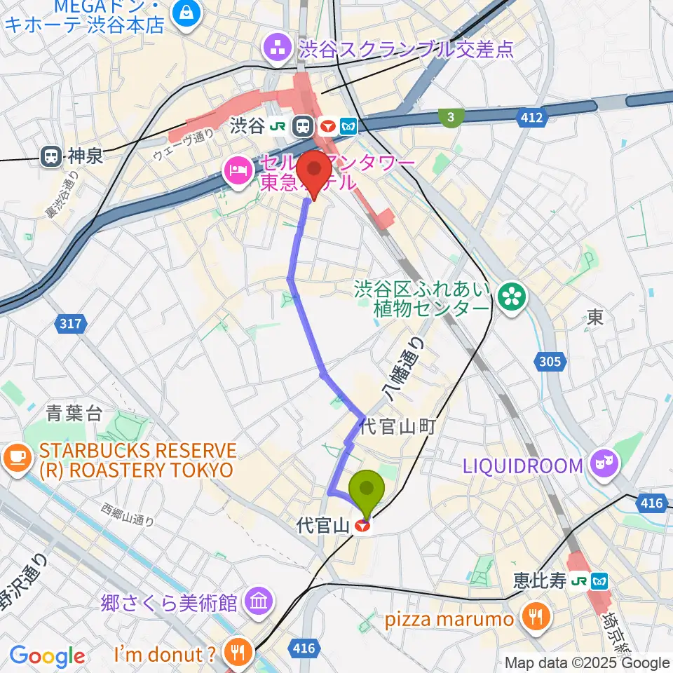 代官山駅から渋谷ホール＆スタジオへのルートマップ地図